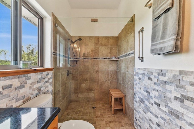 bathroom with toilet, vanity, and a tile shower