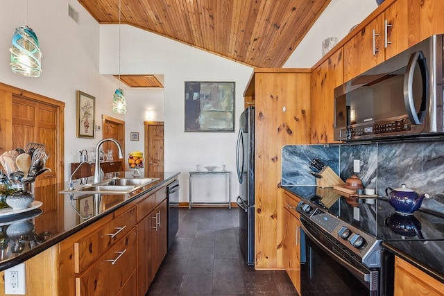 kitchen featuring wooden ceiling, backsplash, a sink, dark countertops, and black appliances