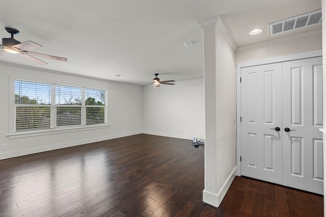 1290 Sweet Gum Dr, Kyle, TX 78640 - interior space featuring ceiling fan, crown molding, baseboards, wood finished floors, and recessed lighting