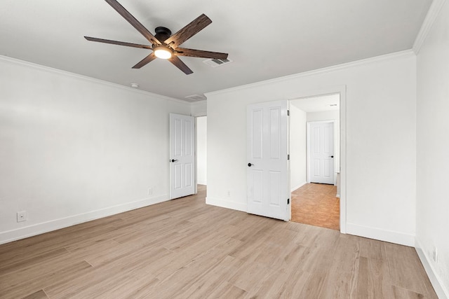1290 Sweet Gum Dr, Kyle, TX 78640 - unfurnished bedroom with light wood-style floors, ornamental molding, baseboards, and ceiling fan