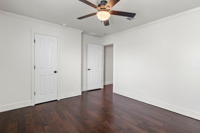 1290 Sweet Gum Dr, Kyle, TX 78640 - unfurnished bedroom with dark wood-type flooring, baseboards, ornamental molding, and ceiling fan