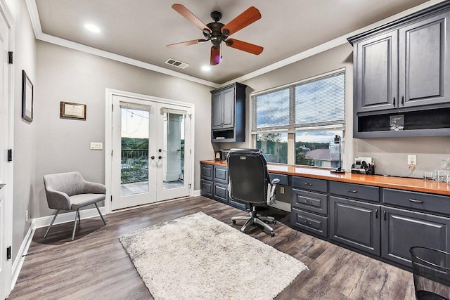 22000 Briarcliff Dr, Spicewood, TX 78669 - office space with french doors, crown molding, a ceiling fan, dark wood-style flooring, and recessed lighting