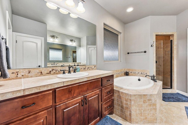22000 Briarcliff Dr, Spicewood, TX 78669 - bathroom with a whirlpool tub, a shower stall, vanity, and tile patterned floors