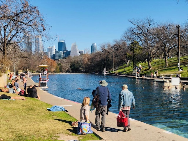 1101 Hollow Creek Dr Unit 2203, Austin, TX 78704 - dock featuring a skyline view, a water view, and a yard