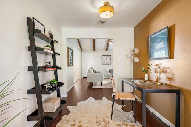 8313 Renton Dr, Austin, TX 78757 - corridor with baseboards, beamed ceiling, wood finished floors, and visible vents