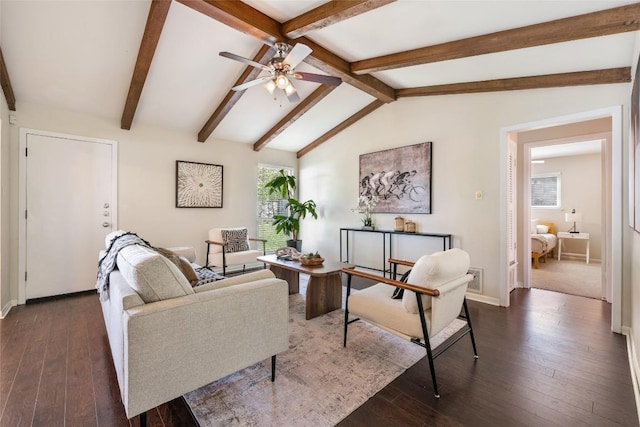 8313 Renton Dr, Austin, TX 78757 - living room featuring vaulted ceiling with beams, a ceiling fan, dark wood finished floors, and baseboards