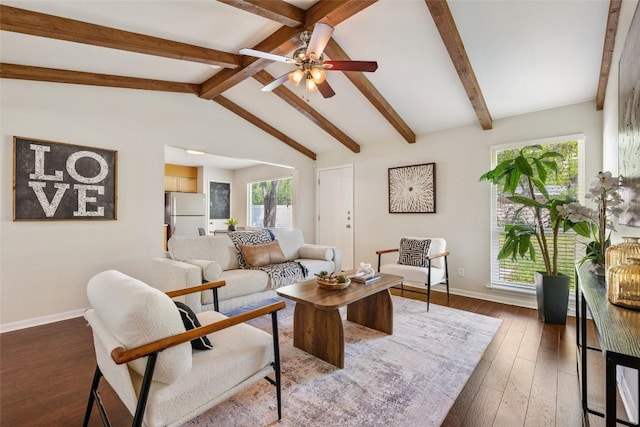 8313 Renton Dr, Austin, TX 78757 - living room with baseboards, ceiling fan, dark wood-style flooring, and vaulted ceiling with beams