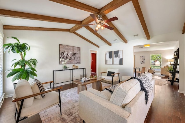 8313 Renton Dr, Austin, TX 78757 - living area with ceiling fan, visible vents, baseboards, lofted ceiling with beams, and dark wood-type flooring