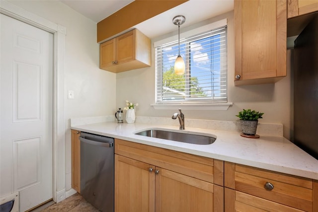 8313 Renton Dr, Austin, TX 78757 - kitchen with a sink, stainless steel dishwasher, pendant lighting, and light stone countertops