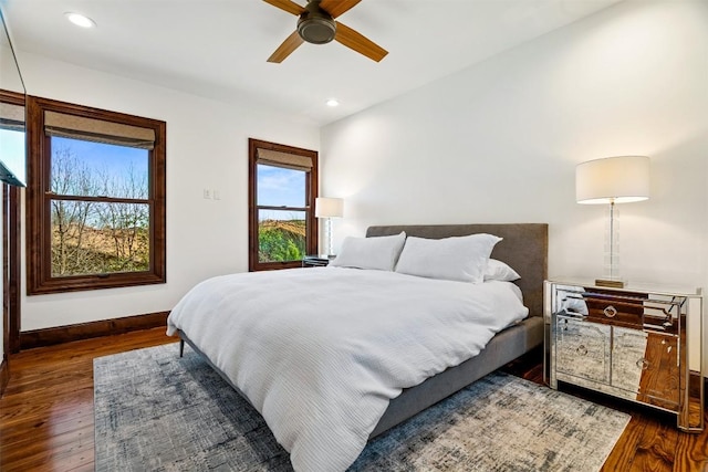11 Hightrail Way, Austin, TX 78738 - bedroom featuring dark wood-style flooring, baseboards, recessed lighting, and a ceiling fan