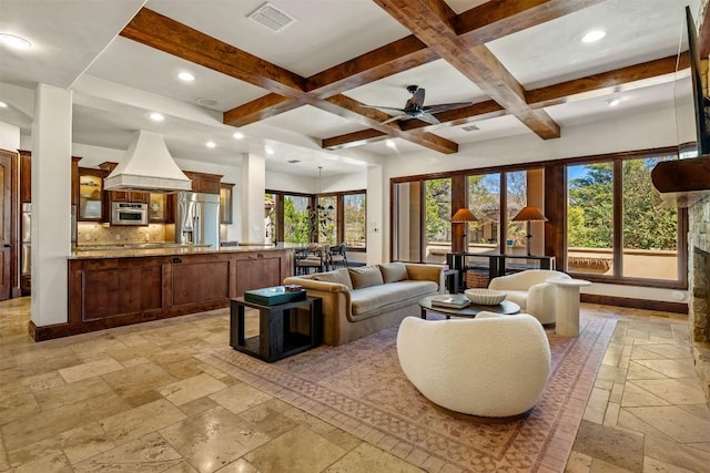 11 Hightrail Way, Austin, TX 78738 - living room featuring stone tile flooring, recessed lighting, beamed ceiling, coffered ceiling, and ceiling fan