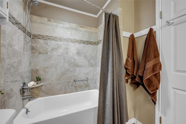 707 Golden Beach Dr, Buchanan Dam, TX 78609 - bathroom with shower / bath combo with shower curtain, ornamental molding, and toilet