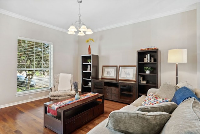 10406 Charette Cv, Austin, TX 78759 - living area with a chandelier, crown molding, wood finished floors, and baseboards