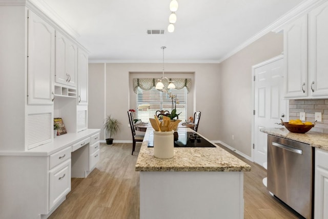 10406 Charette Cv, Austin, TX 78759 - kitchen with stainless steel dishwasher, a kitchen island, light wood-type flooring, white cabinets, and crown molding