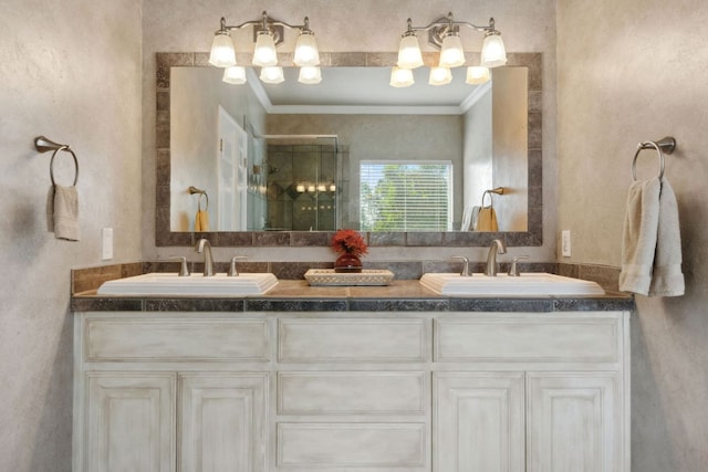 10406 Charette Cv, Austin, TX 78759 - full bathroom featuring double vanity, crown molding, and a shower