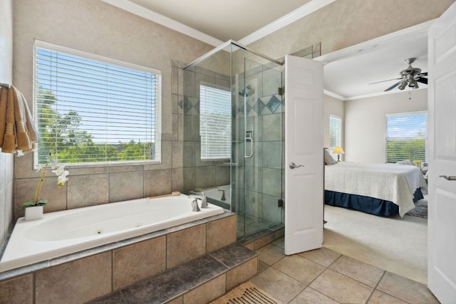 10406 Charette Cv, Austin, TX 78759 - bathroom with ornamental molding, a jetted tub, tile patterned floors, connected bathroom, and a shower stall