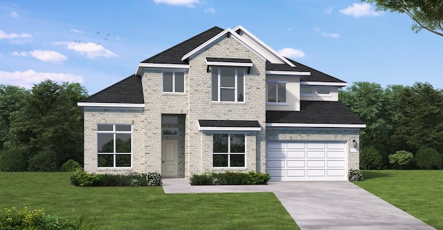 view of front facade featuring a front lawn, driveway, a garage, and brick siding