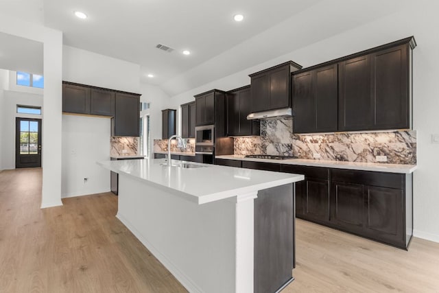 1800 Sauterne Dr, Leander, TX 78641 - kitchen featuring stainless steel appliances, light wood-type flooring, a kitchen island with sink, tasteful backsplash, and lofted ceiling