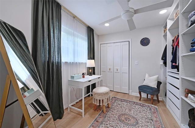 2607 Coatbridge Dr, Austin, TX 78745 - office area featuring light wood-type flooring, ceiling fan, and recessed lighting