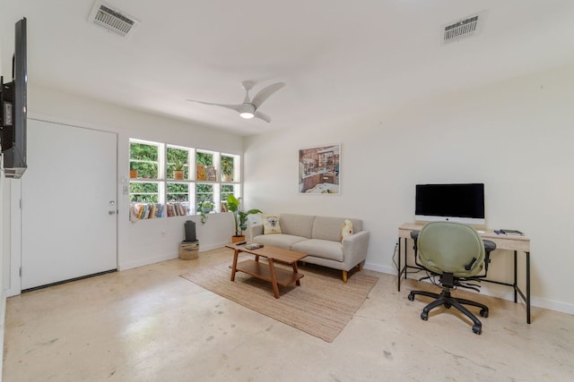 239 Brahan Blvd, San Antonio, TX 78215 - living room featuring concrete floors, ceiling fan, and baseboards