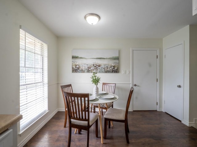 dining room with baseboards, a wealth of natural light, and dark wood finished floors