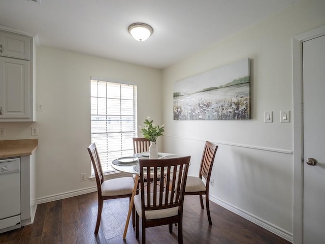 dining room with dark wood finished floors and baseboards