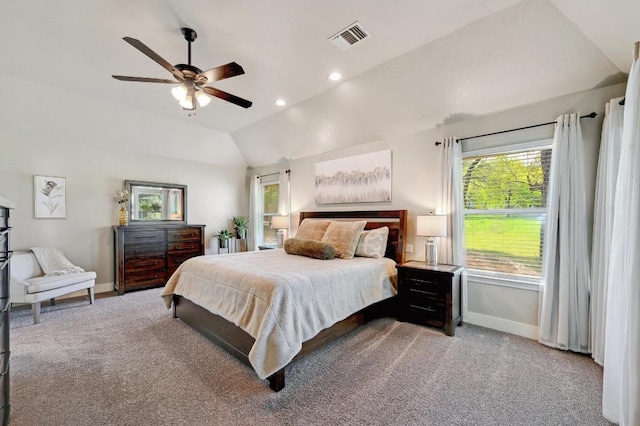 carpeted bedroom featuring visible vents, baseboards, ceiling fan, recessed lighting, and vaulted ceiling