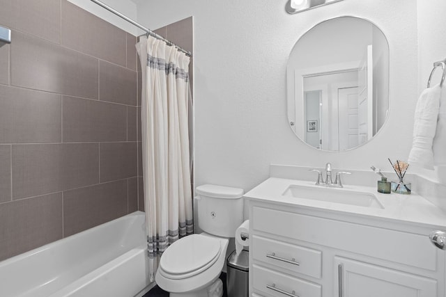 5911 Rubicon Run, Austin, TX 78745 - bathroom featuring vanity, toilet, and shower / bath combo with shower curtain