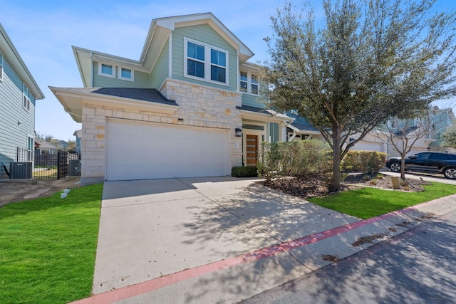 5911 Rubicon Run, Austin, TX 78745 - view of front of property featuring stone siding, a garage, concrete driveway, and cooling unit