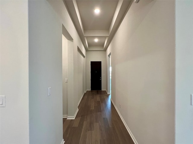 18204 Willow Sage Ln, Elgin, TX 78621 - hallway with dark wood-style floors and a raised ceiling
