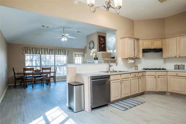 9120 Fainwood Ln, Austin, TX 78749 - kitchen featuring stainless steel dishwasher, light wood-style flooring, light brown cabinetry, a chandelier, and tasteful backsplash
