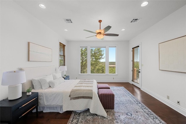 3416 Tarlton Ln, Austin, TX 78746 - bedroom with access to outside, baseboards, recessed lighting, wood finished floors, and a ceiling fan