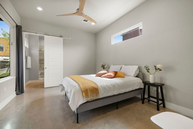 1210 Stobaugh St Unit A, Austin, TX 78757 - bedroom featuring a barn door, recessed lighting, a ceiling fan, and concrete flooring