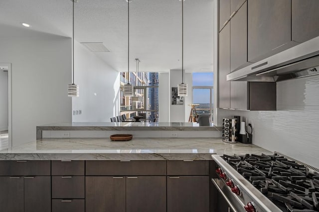 555 E 5th St Unit 2906, Austin, TX 78701 - kitchen with stainless steel gas range oven, dark brown cabinets, ventilation hood, and light stone countertops