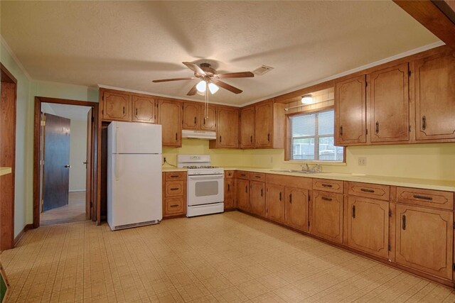 1116-C Simpson St, Schulenburg, TX 78956 - kitchen with white appliances, under cabinet range hood, a ceiling fan, brown cabinetry, and light floors