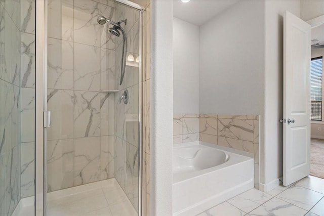 6725 Verona Pl, Round Rock, TX 78665 - full bathroom with a bath, a marble finish shower, and marble look tile flooring