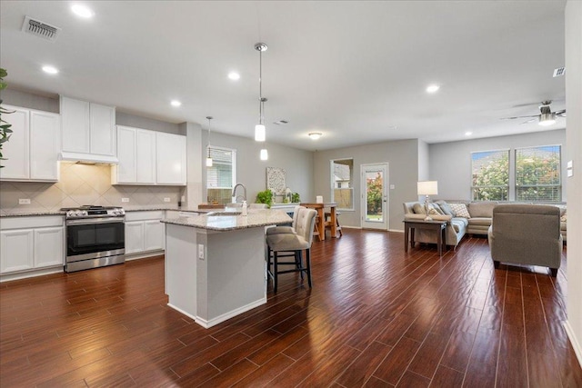 kitchen featuring gas range, dark wood-type flooring, visible vents, and plenty of natural light