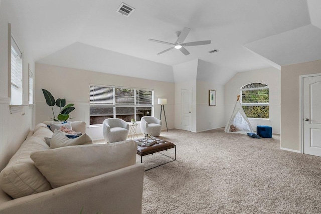 6520 Walebridge Ln, Austin, TX 78739 - living area with a ceiling fan, carpet floors, and lofted ceiling
