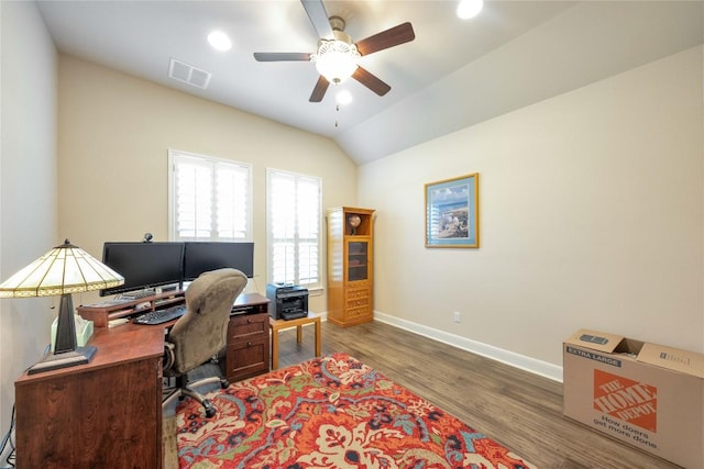 598 Jacksdaw Dr, Austin, TX 78737 - office area with a ceiling fan, baseboards, wood finished floors, vaulted ceiling, and recessed lighting