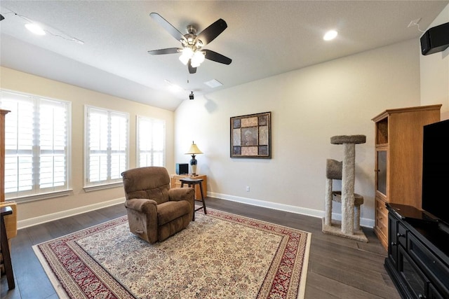 598 Jacksdaw Dr, Austin, TX 78737 - living area featuring a ceiling fan, lofted ceiling, baseboards, and dark wood-style floors