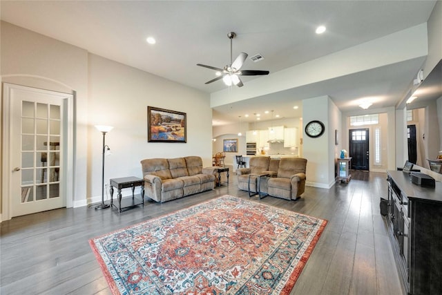 598 Jacksdaw Dr, Austin, TX 78737 - living area with dark wood finished floors, a ceiling fan, baseboards, and recessed lighting