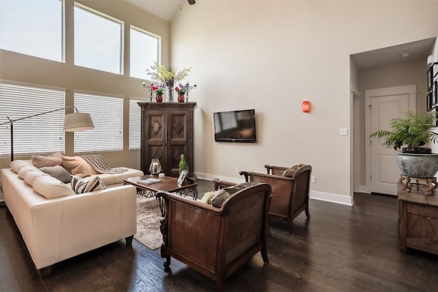 11913 Natures Bnd, Austin, TX 78753 - living area featuring dark wood-type flooring and a towering ceiling