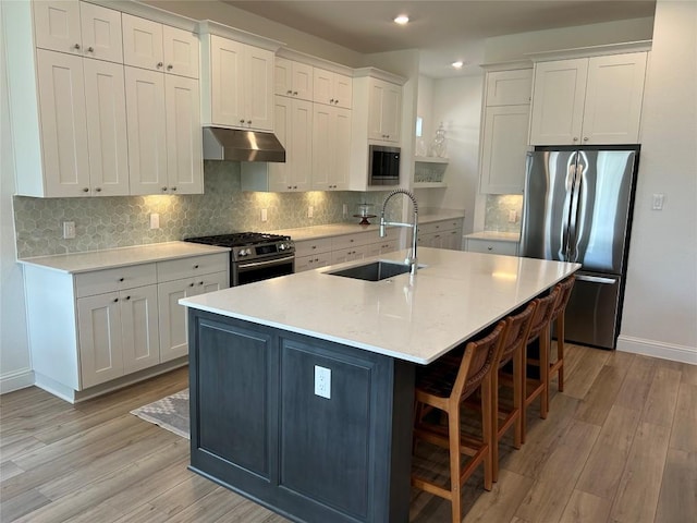 22046 Gateway Arch Dr, Porter, TX 77365 - kitchen with appliances with stainless steel finishes, a sink, under cabinet range hood, baseboards, and light wood-style flooring