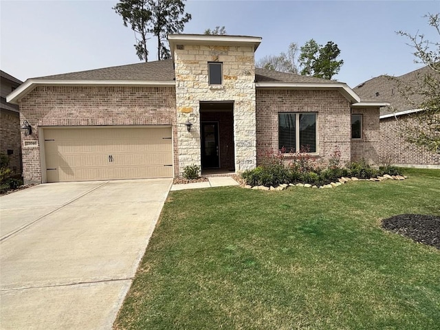 22046 Gateway Arch Dr, Porter, TX 77365 - view of front facade featuring a front yard, a garage, brick siding, concrete driveway, and roof with shingles