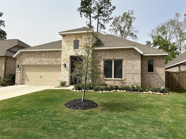22046 Gateway Arch Dr, Porter, TX 77365 - french country home featuring brick siding, an attached garage, concrete driveway, and roof with shingles