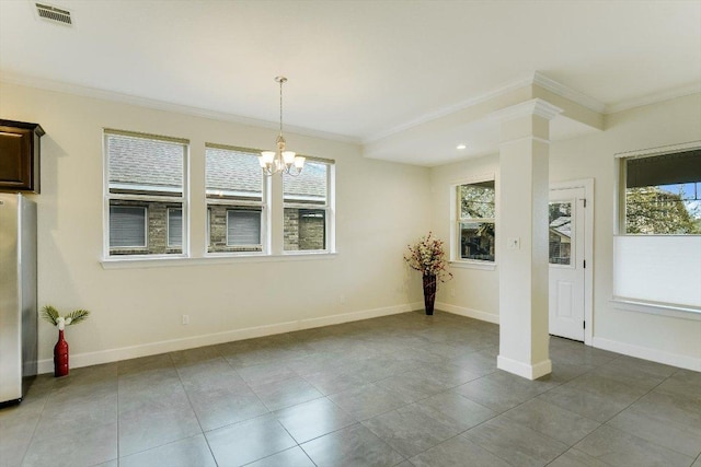 unfurnished dining area with a healthy amount of sunlight, ornamental molding, and visible vents