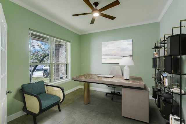 536 Loma Cedro Bnd, Leander, TX 78641 - home office featuring a ceiling fan, crown molding, and baseboards