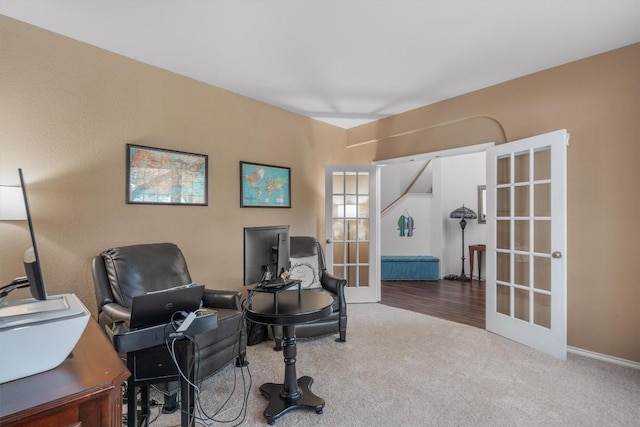 office area with french doors and carpet