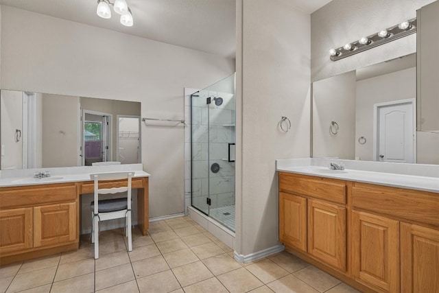 bathroom featuring a stall shower, tile patterned flooring, a sink, and two vanities