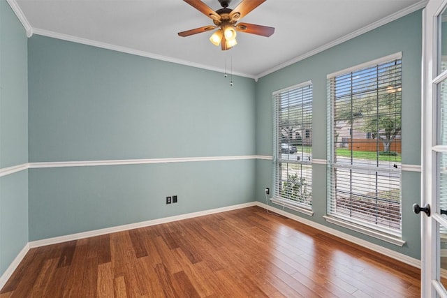 318 Ridge Run Dr, Georgetown, TX 78628 - empty room with wood finished floors, baseboards, ceiling fan, and ornamental molding
